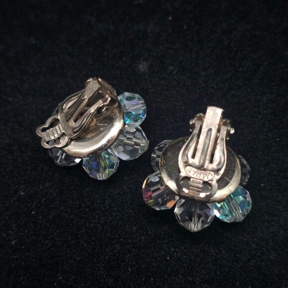 Aurora Borealis AB Glass Flower Clip On Earrings Vintage Jewelry - Picture 3 of 6